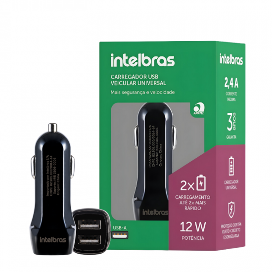 FONTE VEICULAR 2 USB-A PARA CELULAR INTELBRAS 4820038 ECV 2 FAST 12W 2.4A PRETO