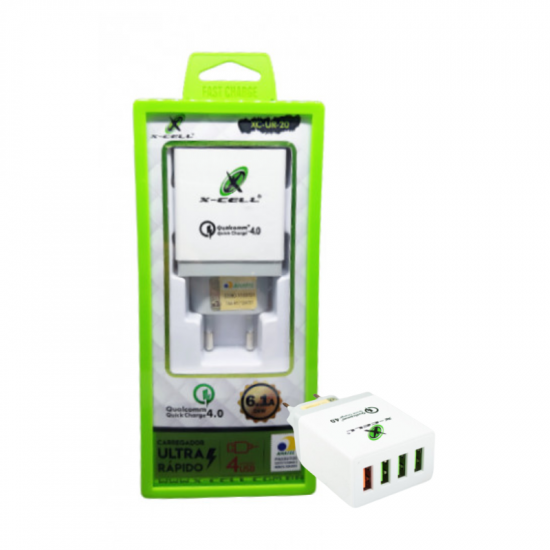 FONTE 4 USB-A PARA CELULAR XC-UR.20 X-CELL 36W 6.1A BRANCO