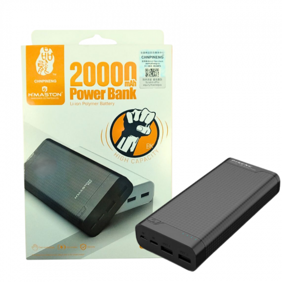 BATERIA PORTATIL 20000MAH C/ 2 SAIDAS USB + CABO USB-A/V8 PN-932 PINENG PRETO/BRANCO