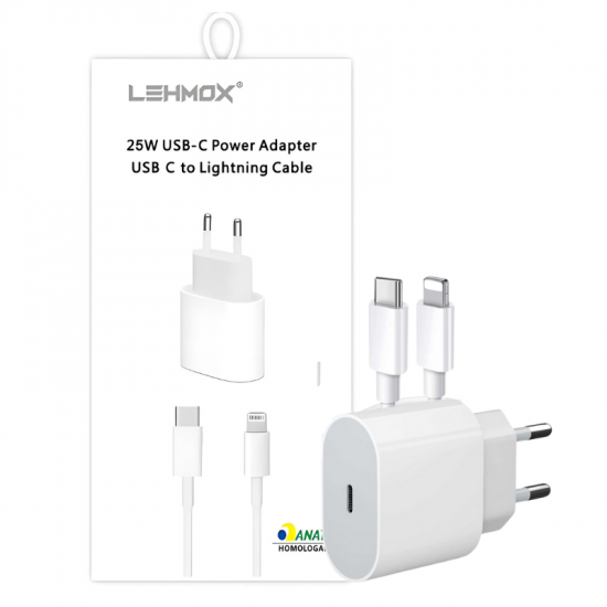 CARREGADOR PARA CELULAR USB-C/LIGHTNING LEY-357-3 LEHMOX 5V 6A 25W 1M BRANCO