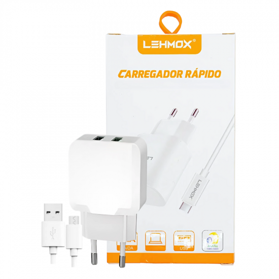 CARREGADOR PARA CELULAR V8 + 2 USB-A 4.1A LE-496-MICRO 1M BRANCO